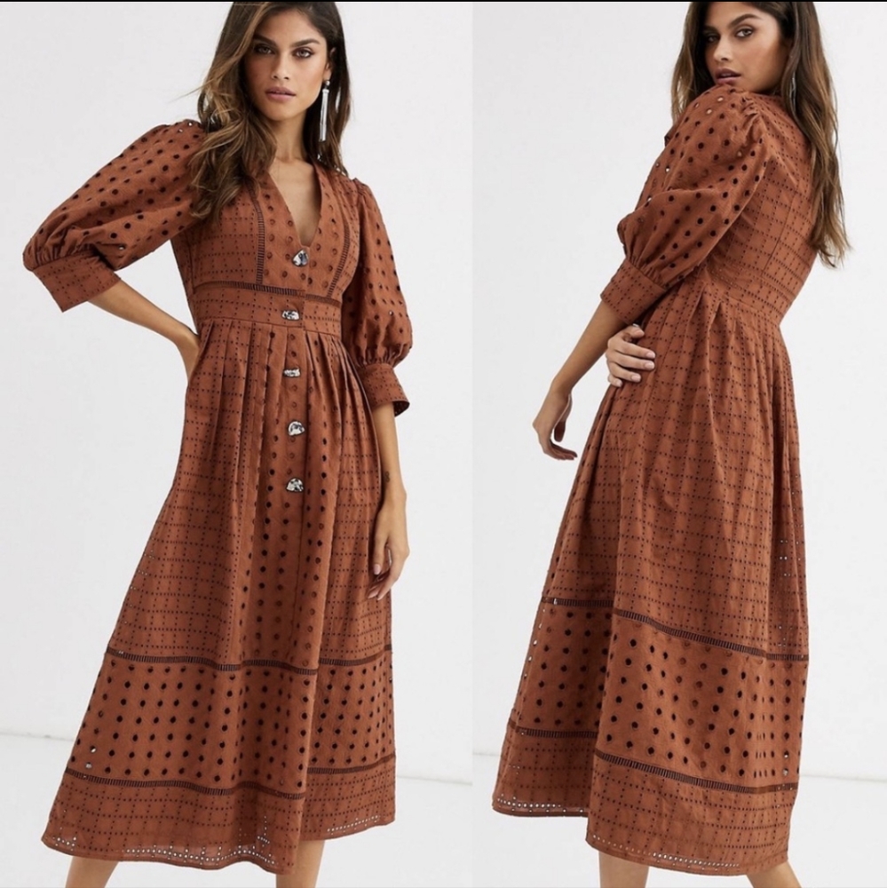 Asos Design | Button Through Broderie Midi Dress … - image 1